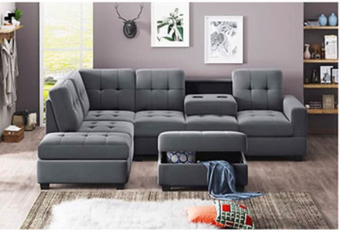 ((incomplete only chaise)) Modern microfiber segmentated L-shaped sofa with double-sided recliner lounge storage furniture set