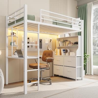 ((incomplete box 2/2)) Twin Size Loft Bed with Desk, 4 Large Fabric Drawers and Open Shelves, Heavy Duty Metal Loft Bed with LED Lights