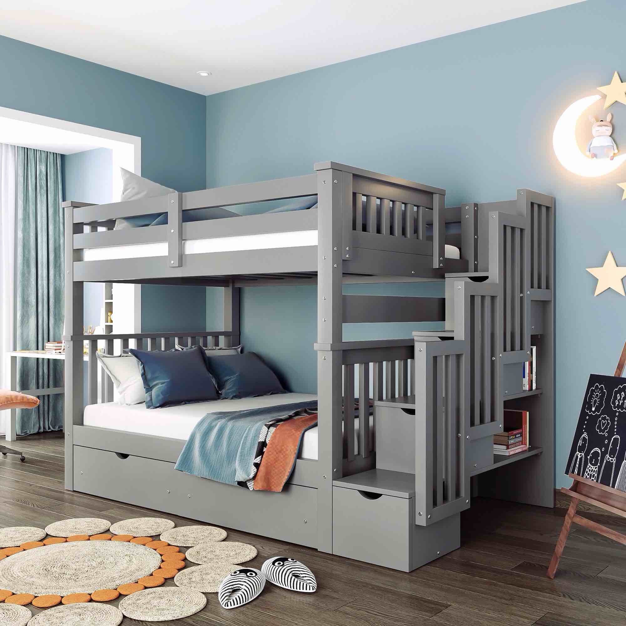 ((incomplete only 2 boxes )) Full Over Full Bunk Bed with Shelves and 6 Storage Drawers