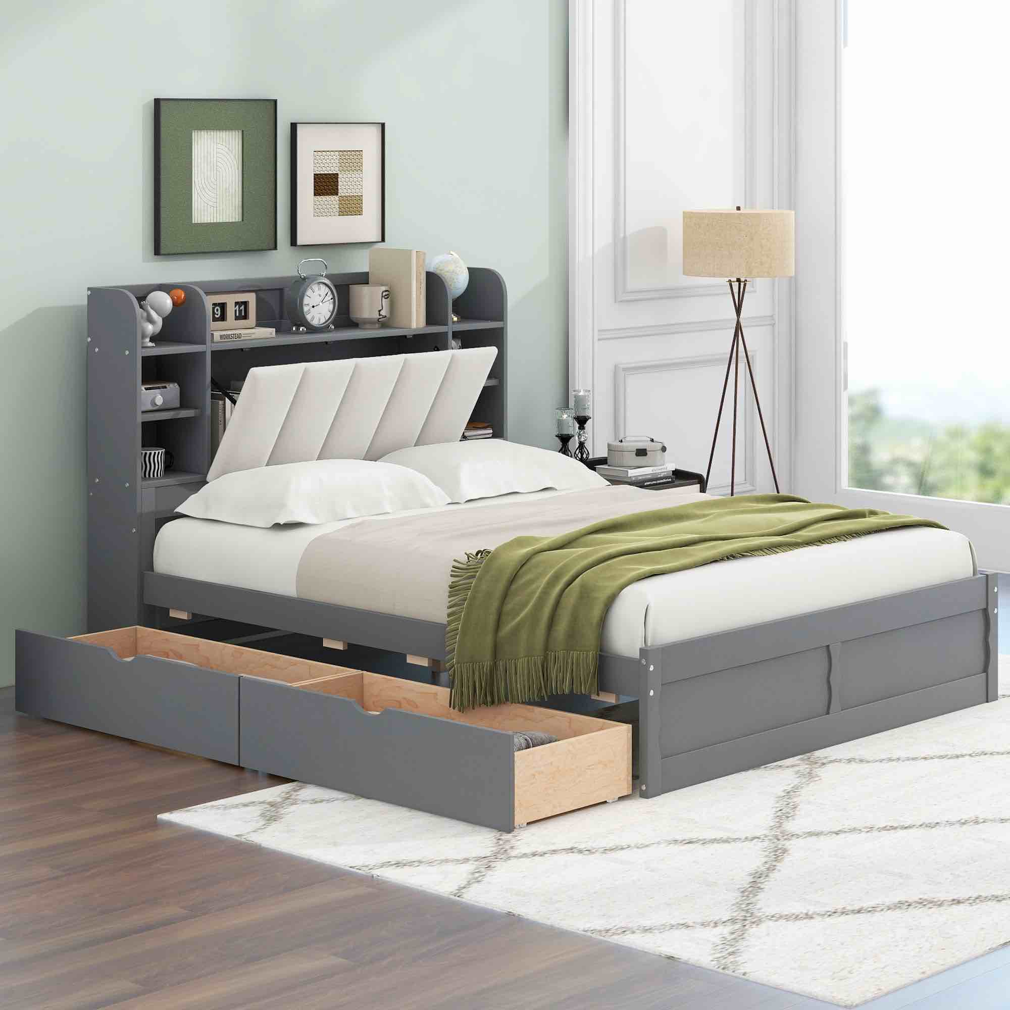 ((incomplete box 1/2)) wood queen size platform bed with storage headboard shelves and 2 drawers gray