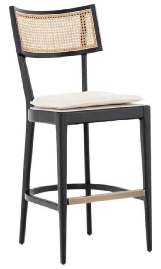 Tina Black Wood Counter Stools Set of 2 | Rattan Cane Backrest and Padded Beige Seat | Armless Solid Wood Kitchen Island Chairs 