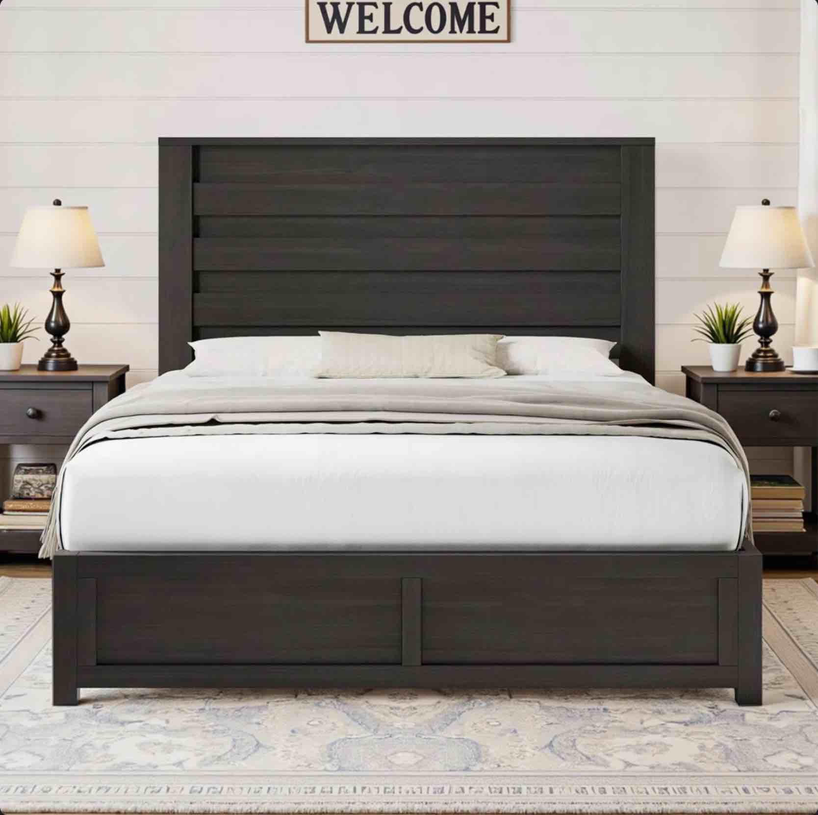 Louby 49" Farmhouse Queen Platform Bed, Black (incomplete) 