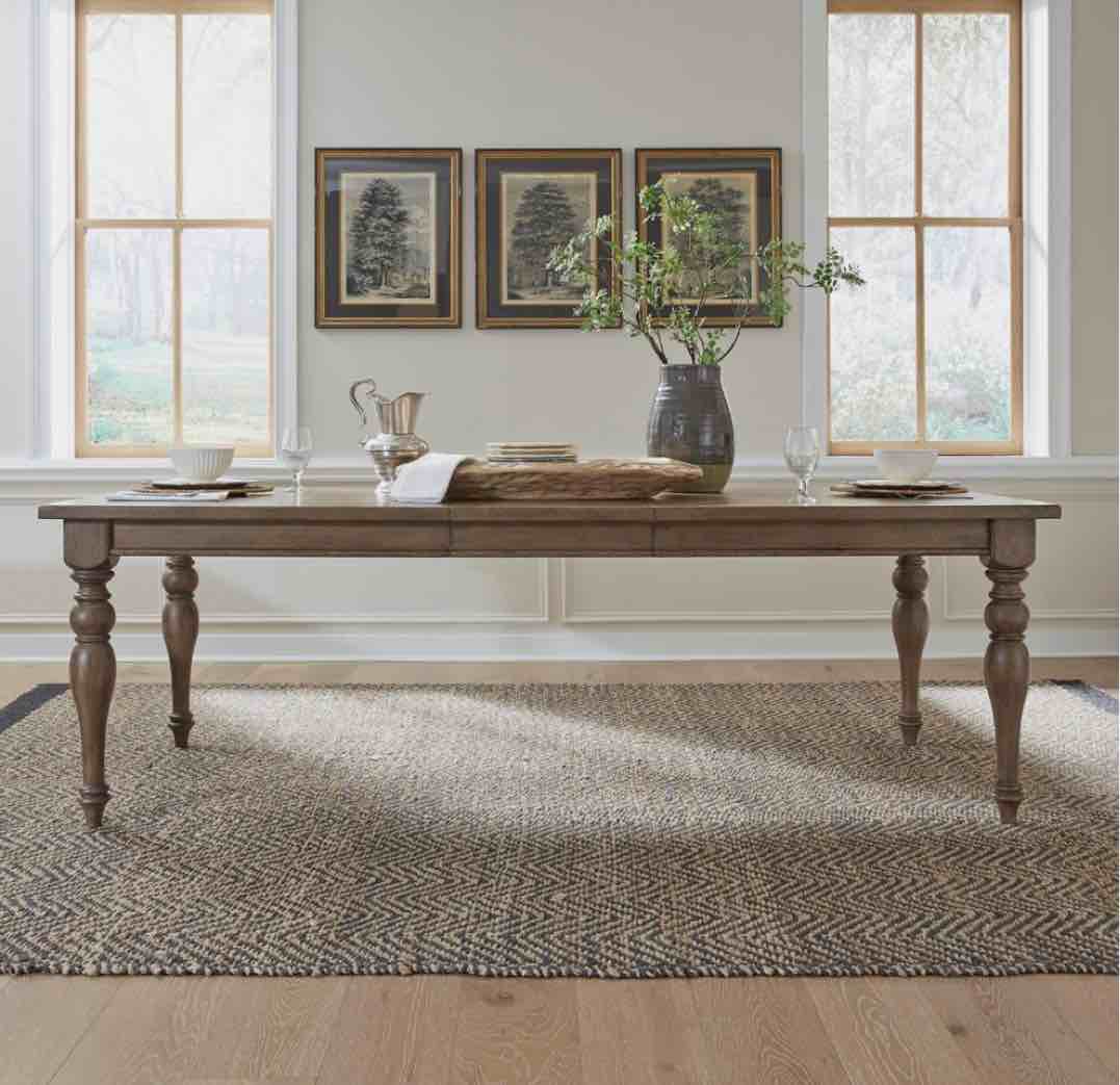 Liberty Furniture Americana Farmhouse Rectangular Leg Table Traditional Kitchen Dining Room 18" Self Storing Leaf - Dusty Taupe Oak Wood - Tables