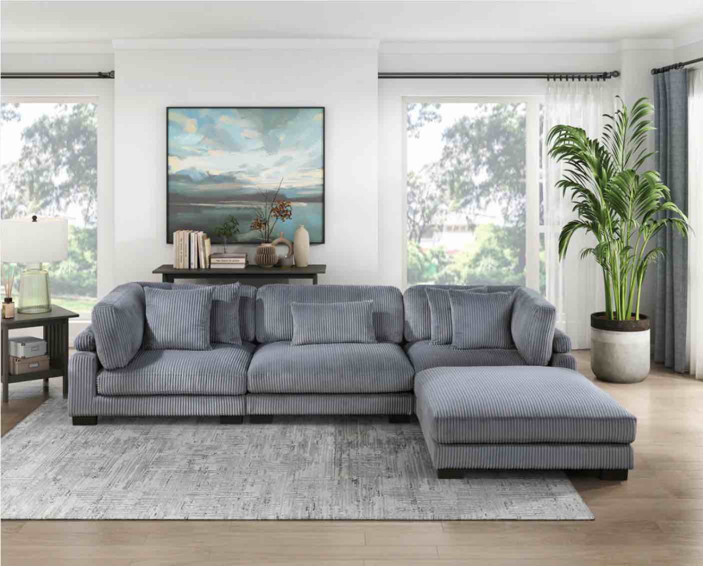 Traverse Gray Corduroy 4-Piece Modular Sectional with Ottoman (INCOMPLETE 2X ARMLESS CHAIR & CORNER ONLY// 3 BOXES FOR PICKUP)