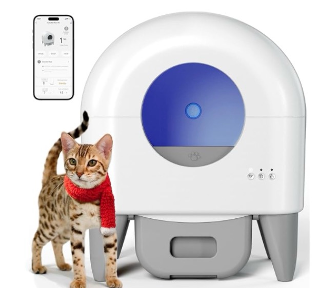 cumrige self cleaning litter box, 95 l automatic cat litter box self cleaning for multiple cats, with safety protection, app control,2 roll garbage bags,white