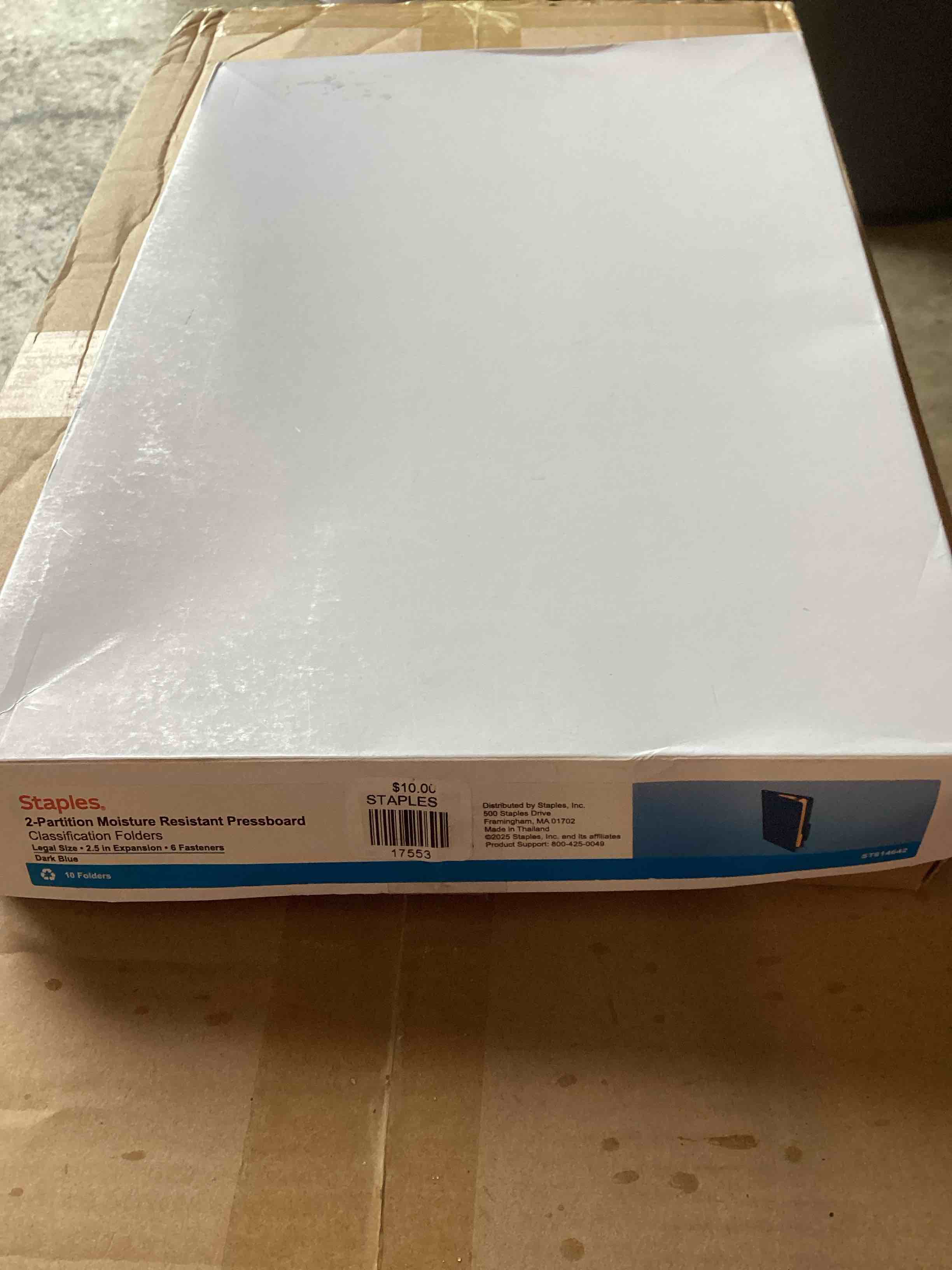Condition photo showing New/Like New for staples moisture?resistant classification folder, legal size, 2 dividers, 2.5? expansion, dark blue pressboard, durable construction, 10/carton