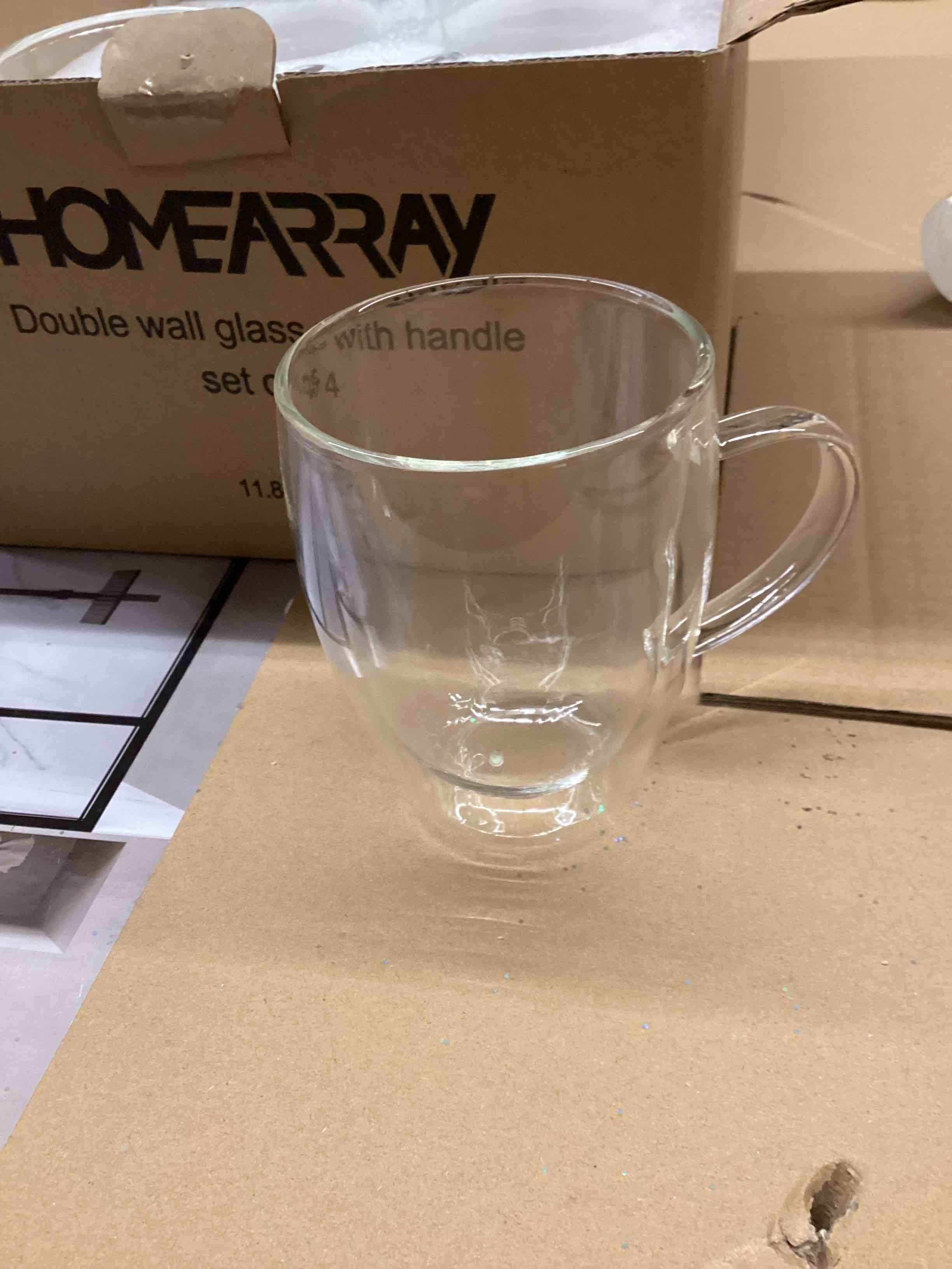 Condition photo showing Brand New for set of 4 double walled glass coffee mugs with handles, 12oz clear coffee mugs for hot/cold beverages, insulated borosilicate glass cups for cappuccino, espresso, latte, tea, milk, microwave safe