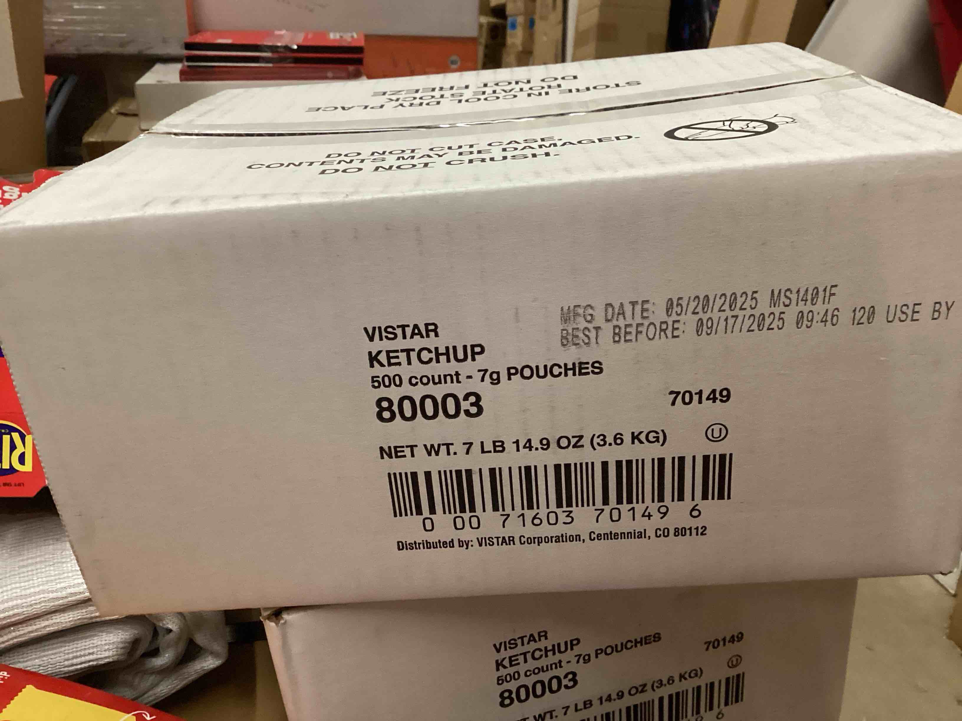 Condition photo showing As Is for vistar ketchup packet, 7 gm each, 500 packets total
