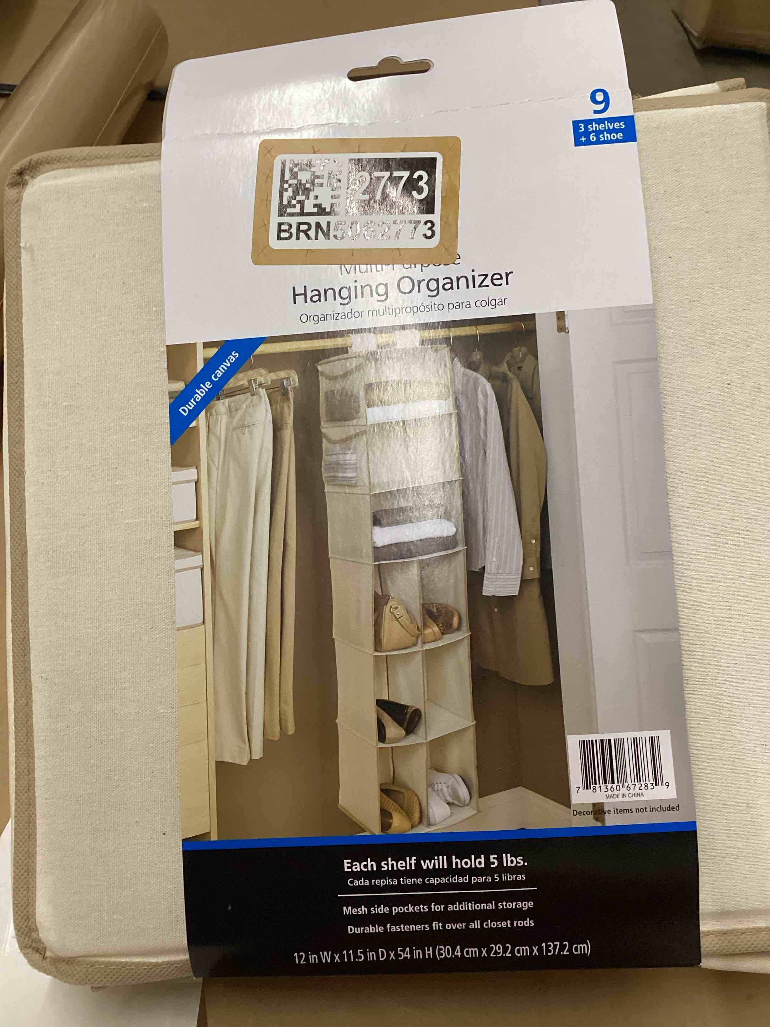 Condition photo showing New/Like New for three sleeve six shoe multipurpose hanging organizer tan