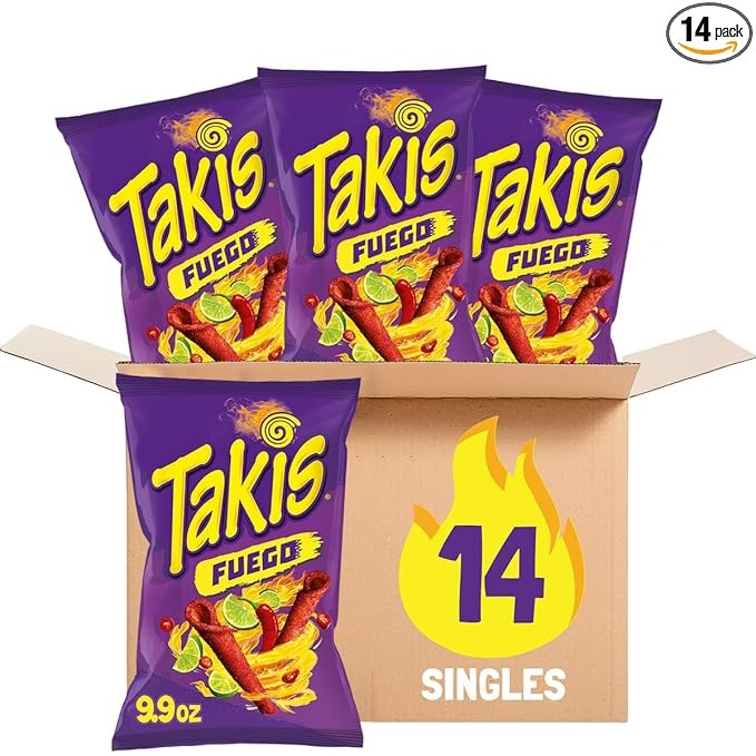 case of 14 takis fuego rolled spicy tortilla chips, hot chili pepper lime flavored, multipack box 14 bags, 9.9 ounces each (bb 6-23-25)