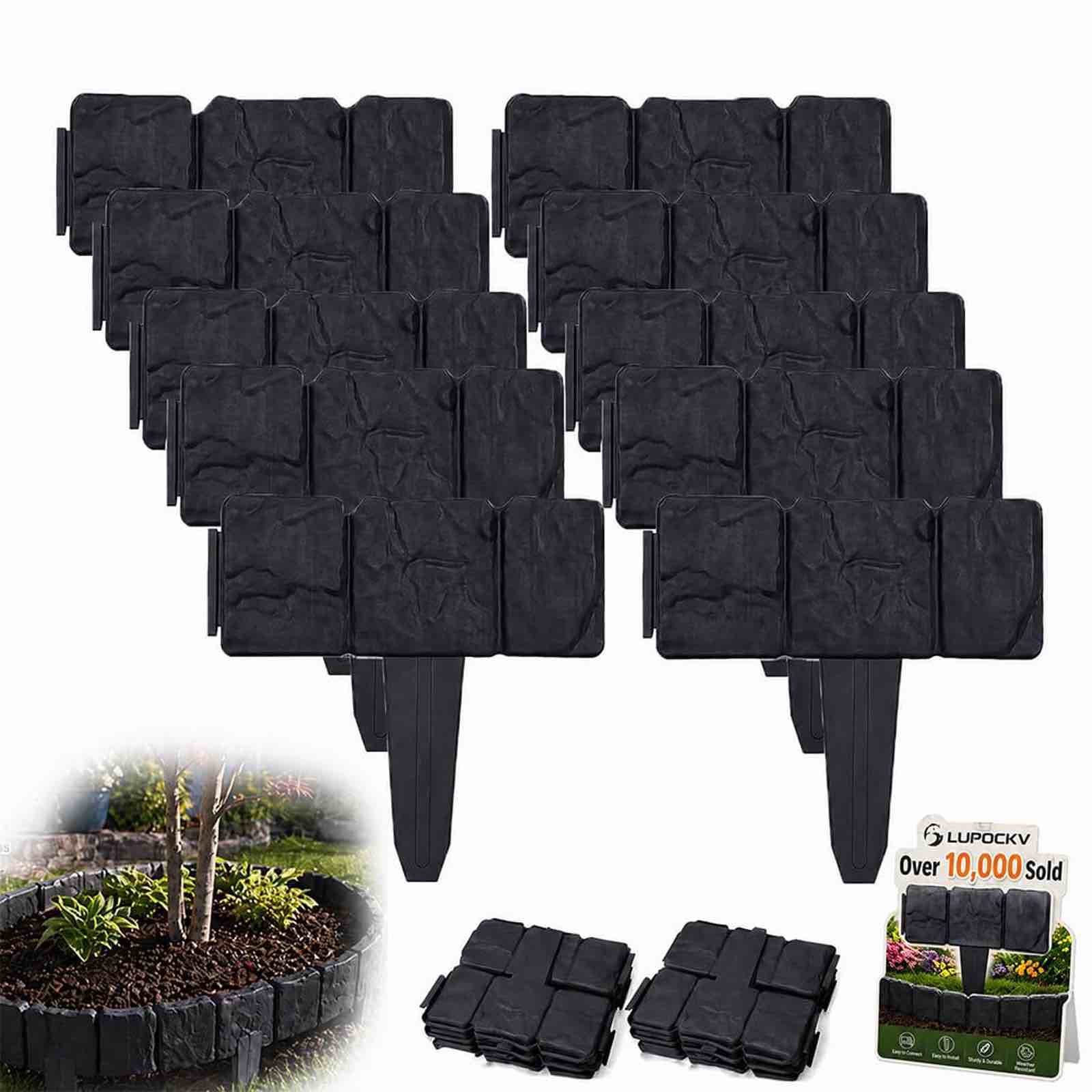 10 pcs  Landscape Garden Edging Border No-Dig Flower Bed Border Plastic Stone-Like Textured for Fence Decorative Lawn Plastic Fencing Flexible for Patio Yard Pathway?Black)