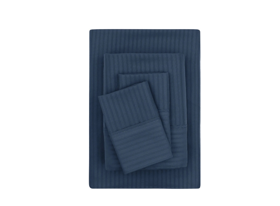 Mainstays Super Soft Brushed Microfiber Bed Sheet Set, Navy Blue Embossed Stripe, Full, 4 Piece
