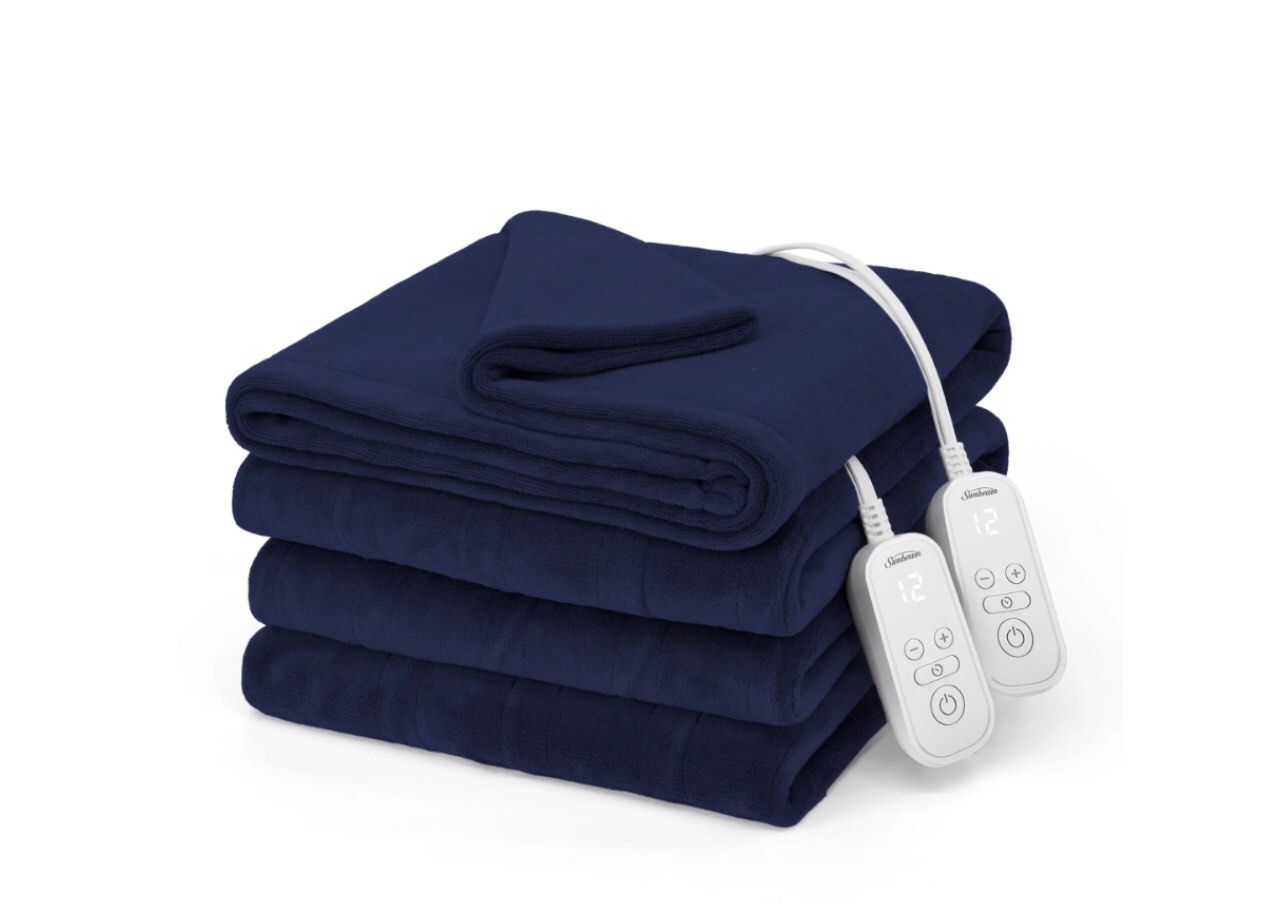 Sunbeam Electric Royal Luxe Microplush Heated Blanket, 12 Heat Settings, 12-Hour Auto Shut-Off, Fast Heating, Warm & Cozy, Machine Washable, Mushroom Color, King (90" x 100") navy