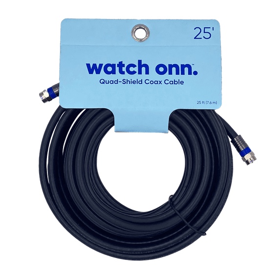 ONN. 25Feet Quad Shield Coaxial Cable, Black Color