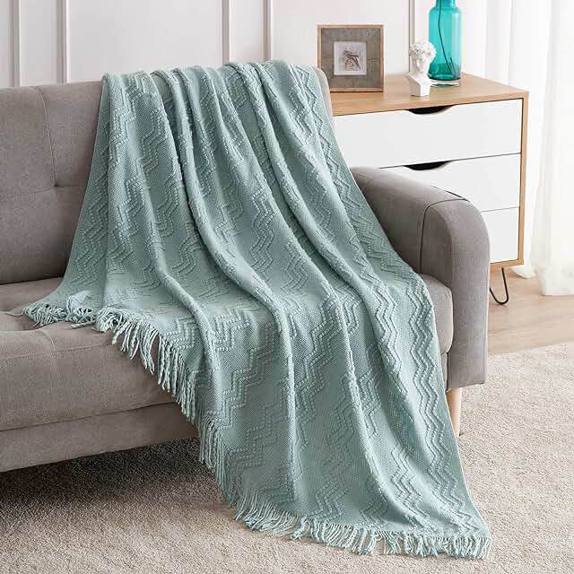 Magnolia Home Joanna Gaines Throw Blanket Reed Collection 50"x60" Aqua Blue & white