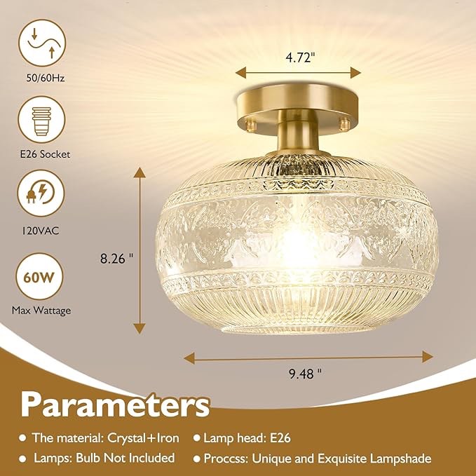 Gold Semi Flush Mount Ceiling Light, Globe Glass Ceiling Light Fixture, Farmhouse Kitchen Light, Hallway Light Fixtures, Modern Ceiling Lights for Porch Entryway Bedroom Bathroom