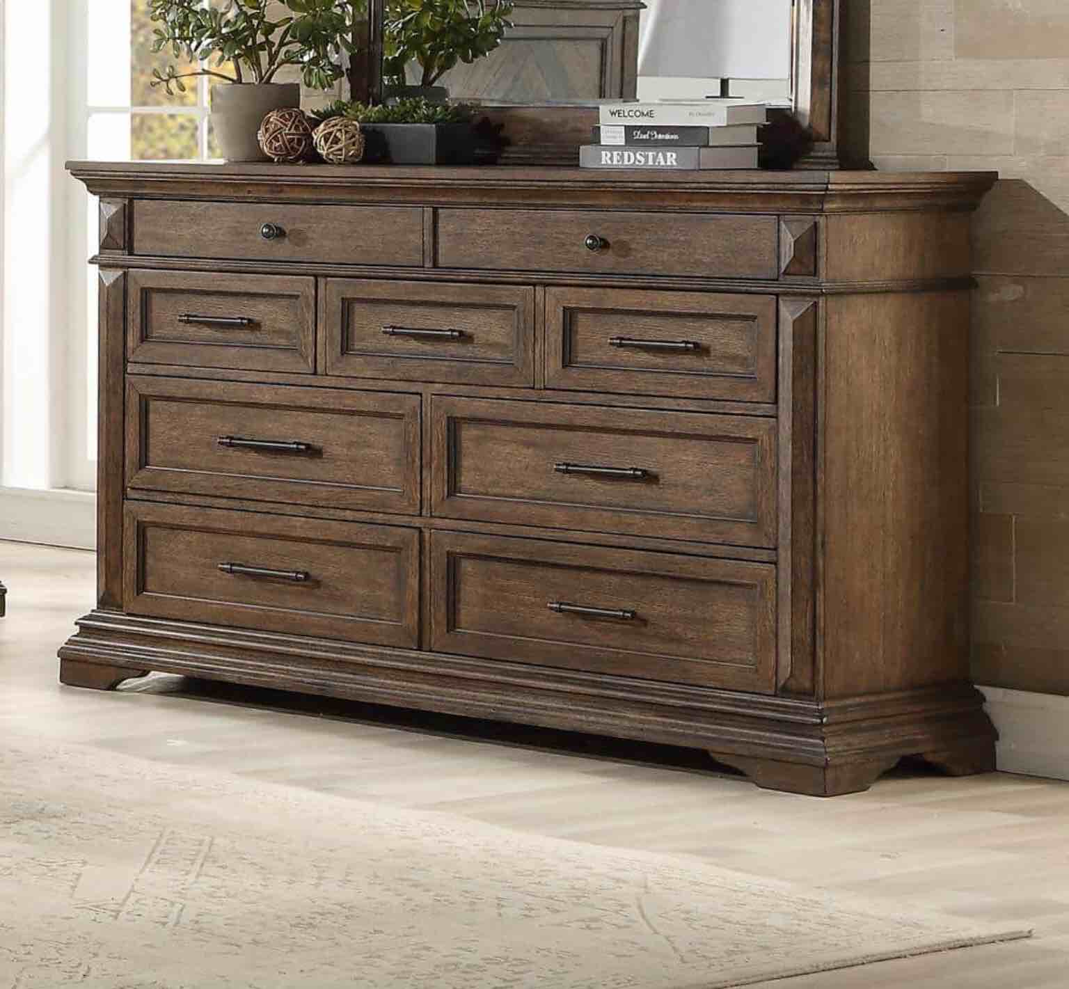 Dresser Walnut 9-drawer 65 in a walnut veneer finish is warm and refined