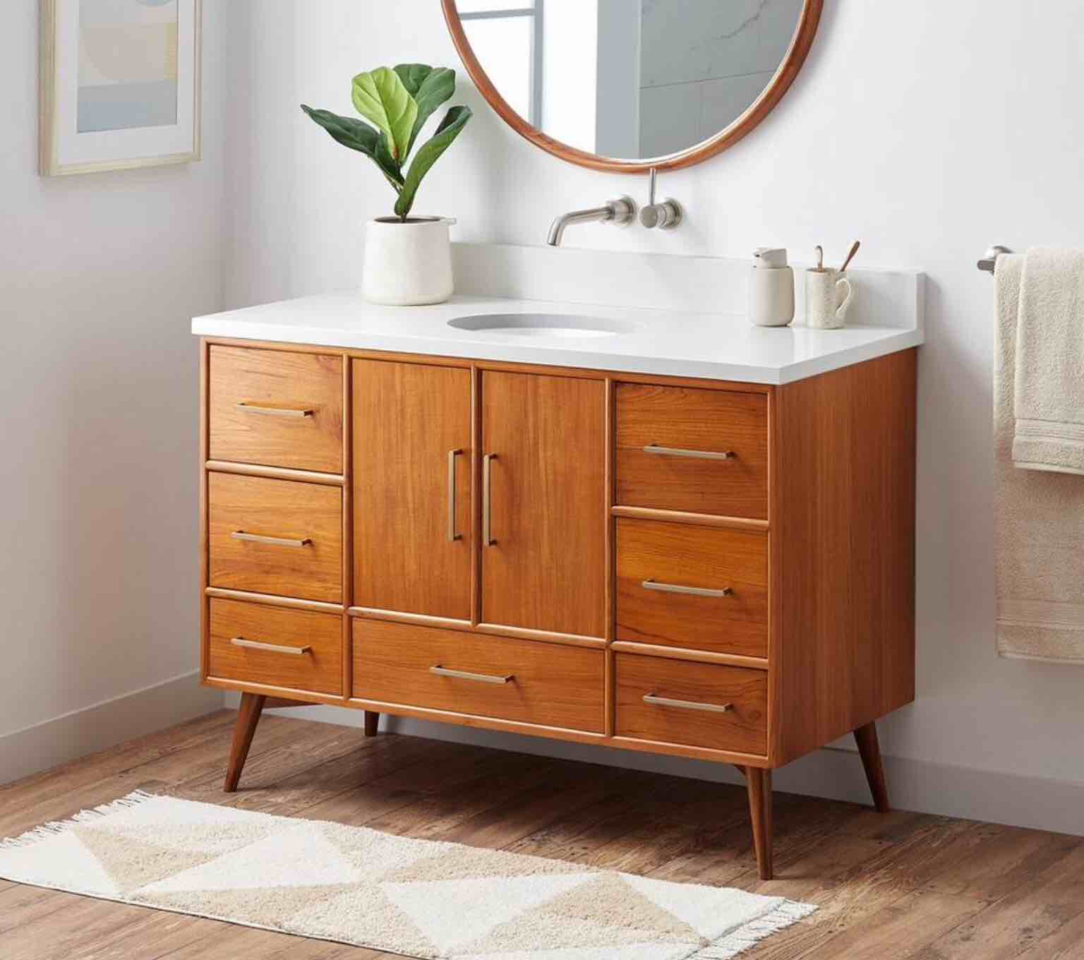 Teak vanity 48x21, 4x34, 2 doors w/soft close hinges, 7 drawers w/undermount drawer slides 