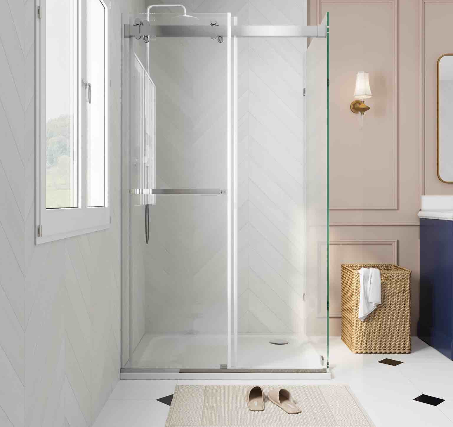 Sliding frameless shower enclosure with 3/8 clear glass 48” L x 34” W x 76H