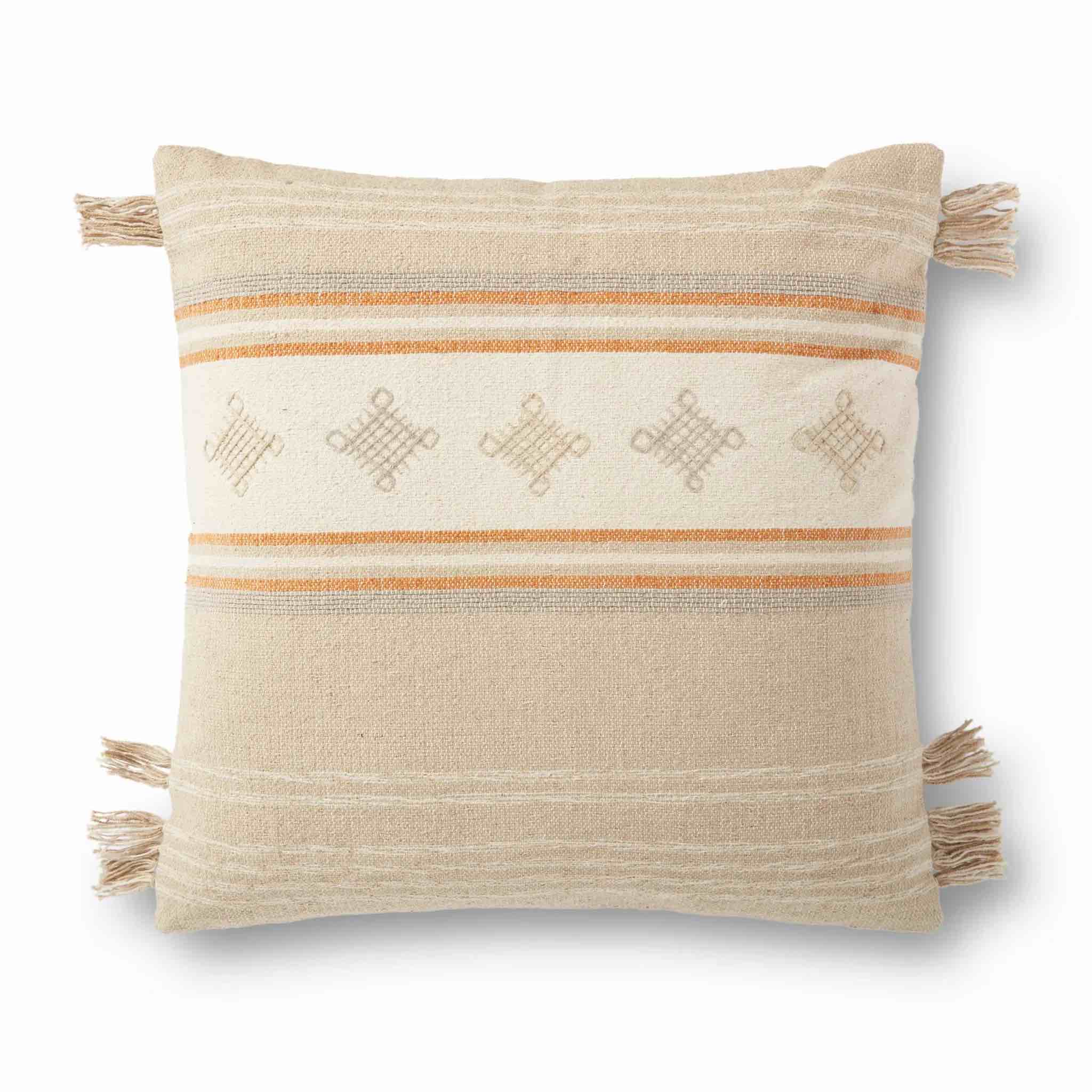 P0933 Beige/Orange 22"x22" Down Pillow  Set of 2 
