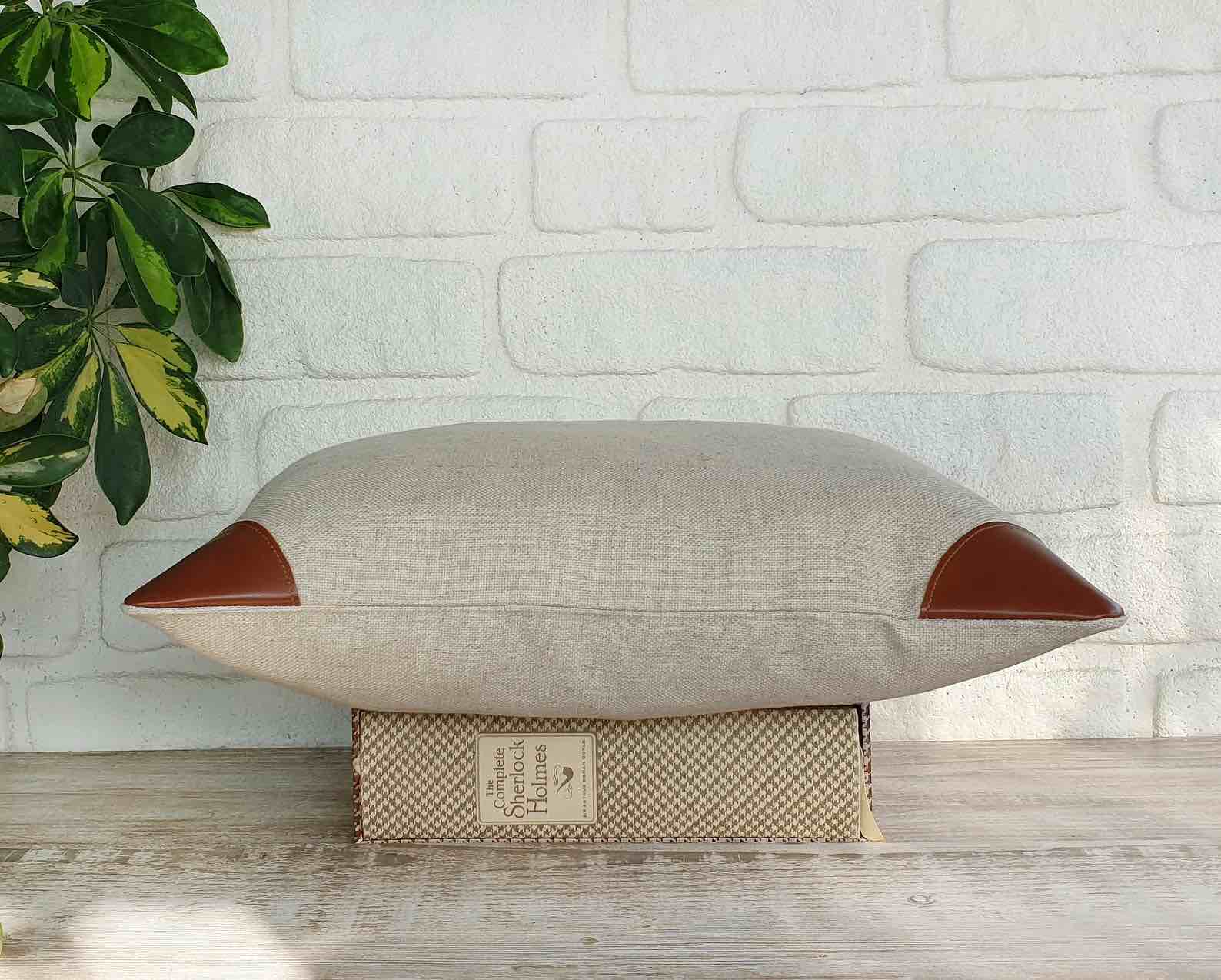 Linen pillow cover with cognac faux leather corner 22x22 Set of 2 