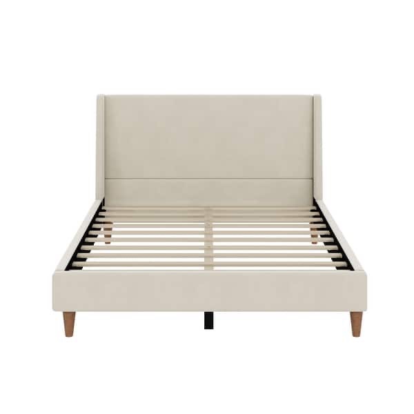 (Incomplete box 2/2)Modern Beige Velvet Upholstered Platform Bed With Wingback Headboard And Walnut Wooden Legs, No Box Spring Needed, Queen