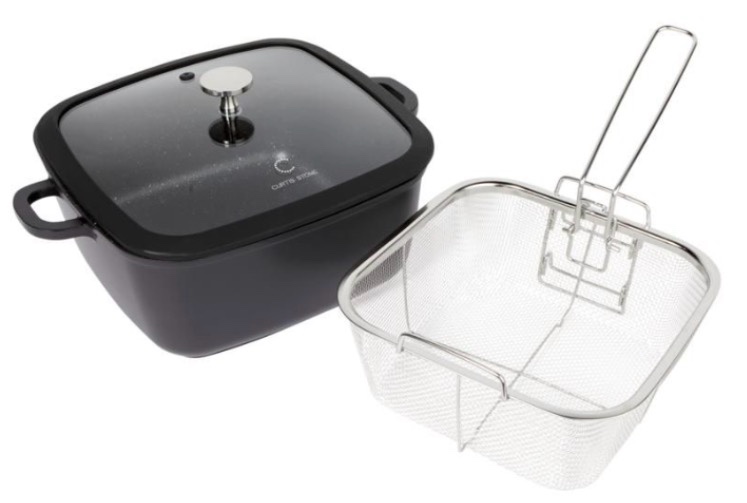 curtis stone 5.3-quart square chef sauté pan with easy lift basket - black