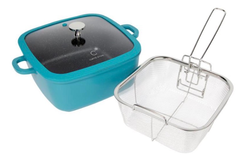 curtis stone 5.3-quart square chef sauté pan with easy lift basket - turquoise blue
