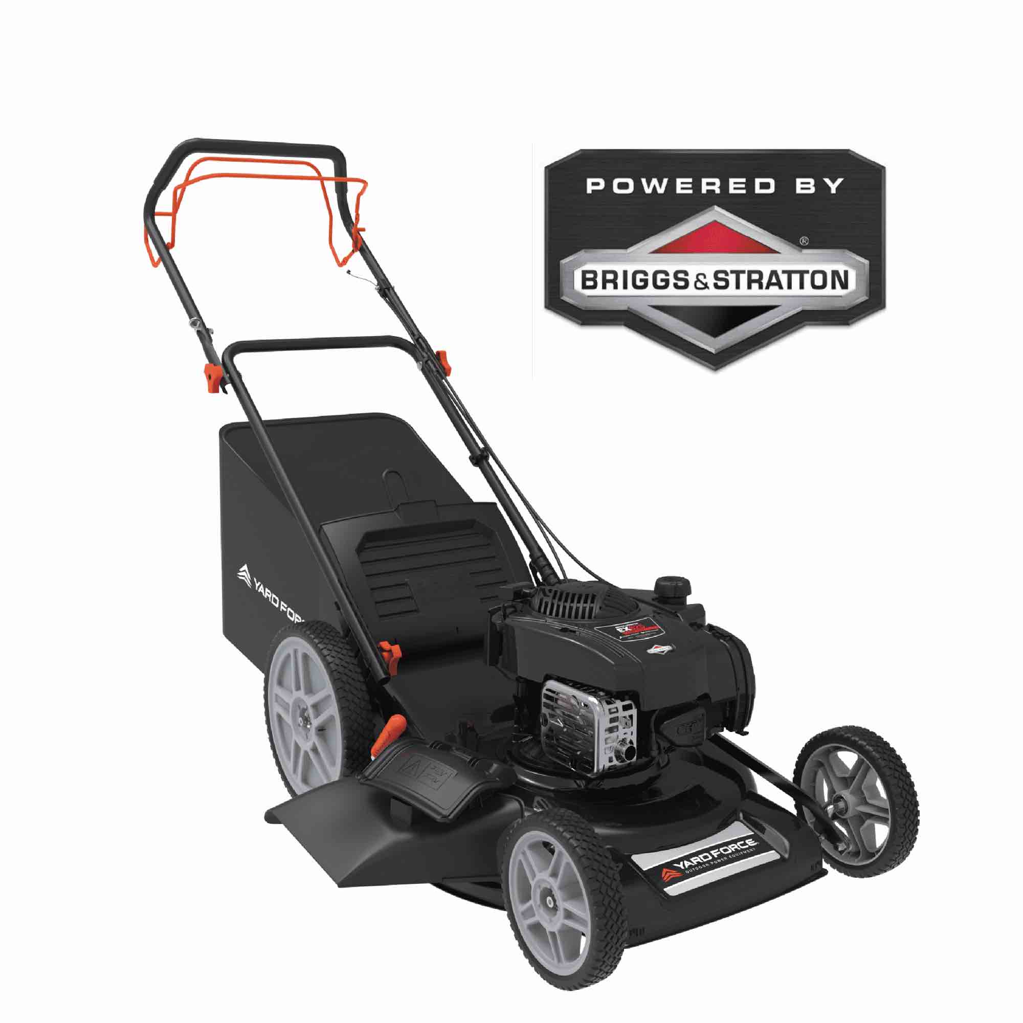 yard force self propelled lawn mower briggs & stratton 150cc gas engine 22-inch steel deck 3-in-1 mulch, bag, side discharge, 12-inch high rear wheels