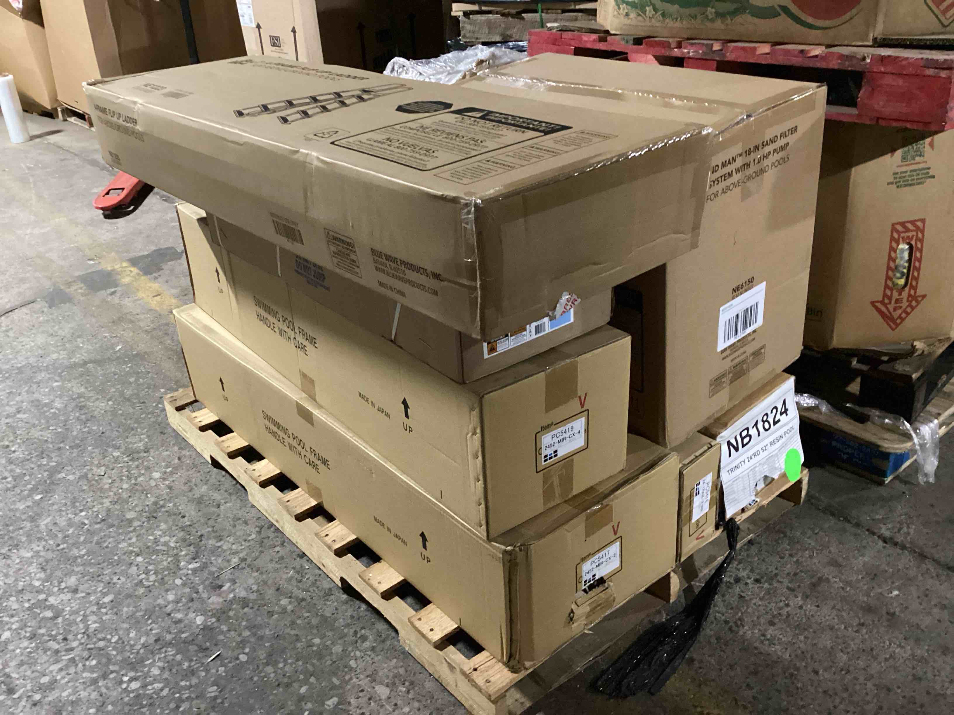 Condition photo showing New/Like New for trinity 24' round 52" wall resin hybrid above ground pool with standard package including sandman 18in sand filter system, a-frame flip up ladder, seaside 24ft overlap liner and skimmer (9 boxes total for pickup)