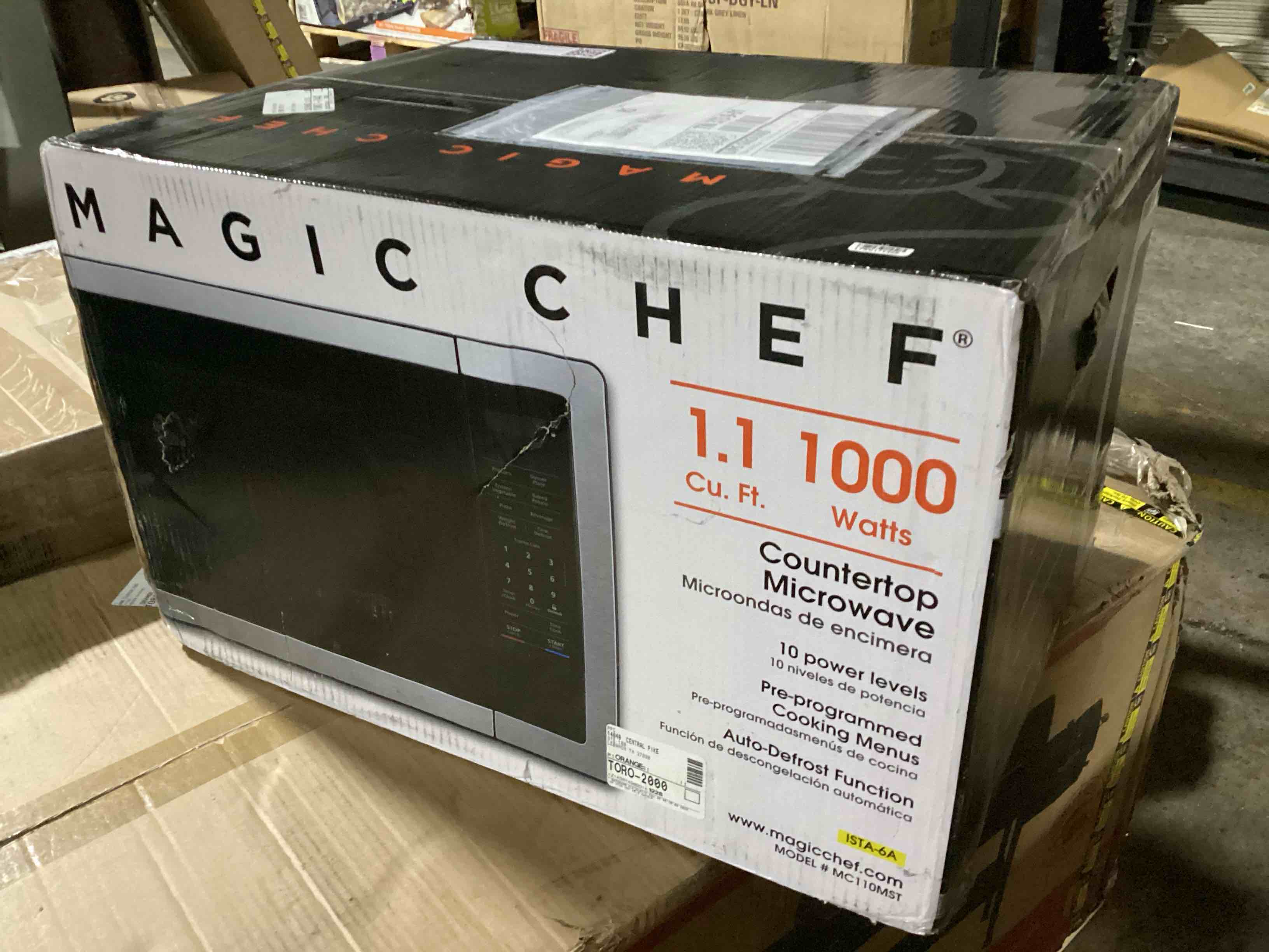 Condition photo showing New/Like New for magic chef mc110mst countertop microwave oven, standard microwave for kitchen spaces, 1,000 watts, 1.1 cubic feet, stainless steel