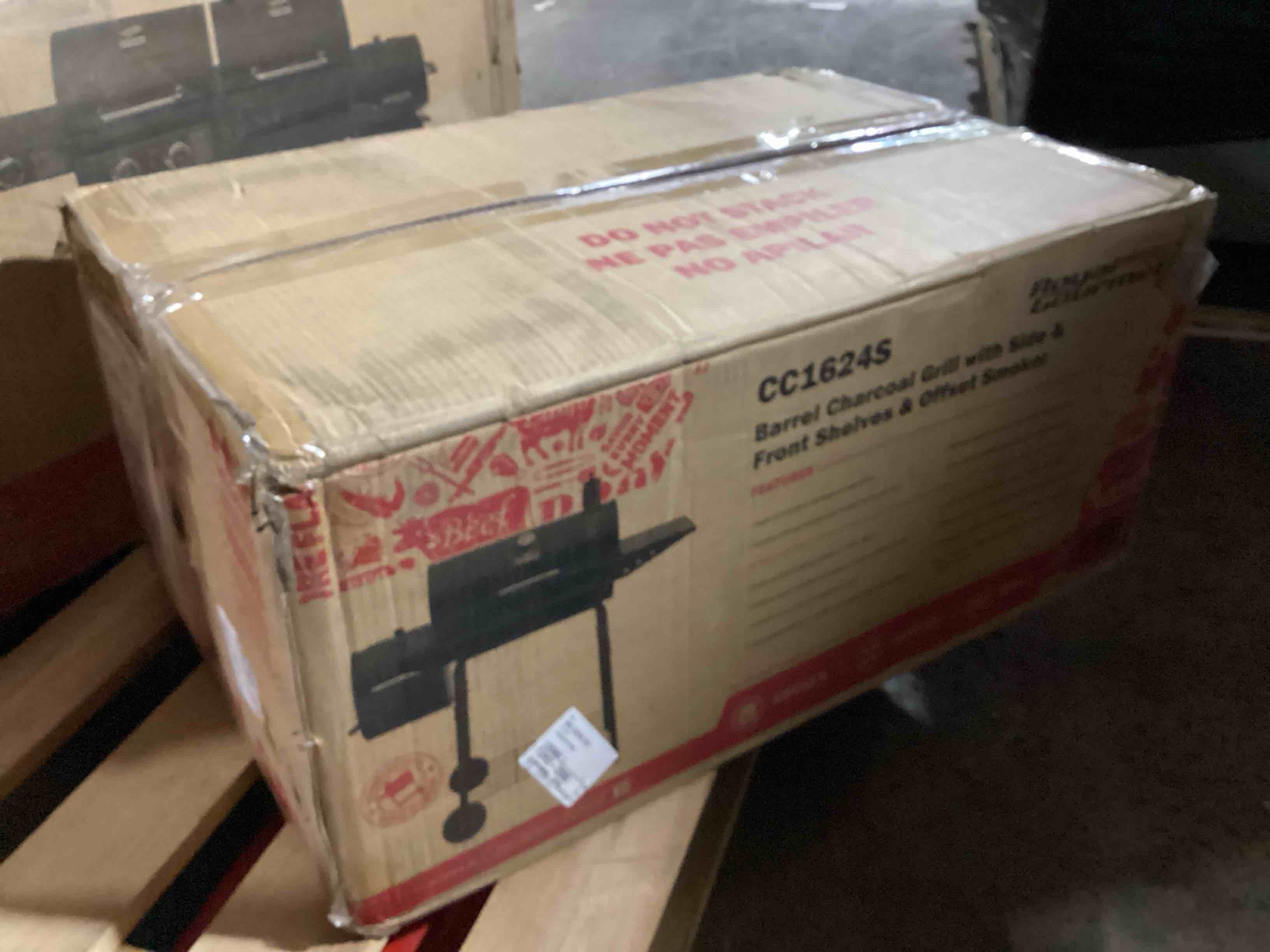Condition photo showing New/Like New for royal gourmet barrel charcoal grill with offset smoker, front & side shelves, black
