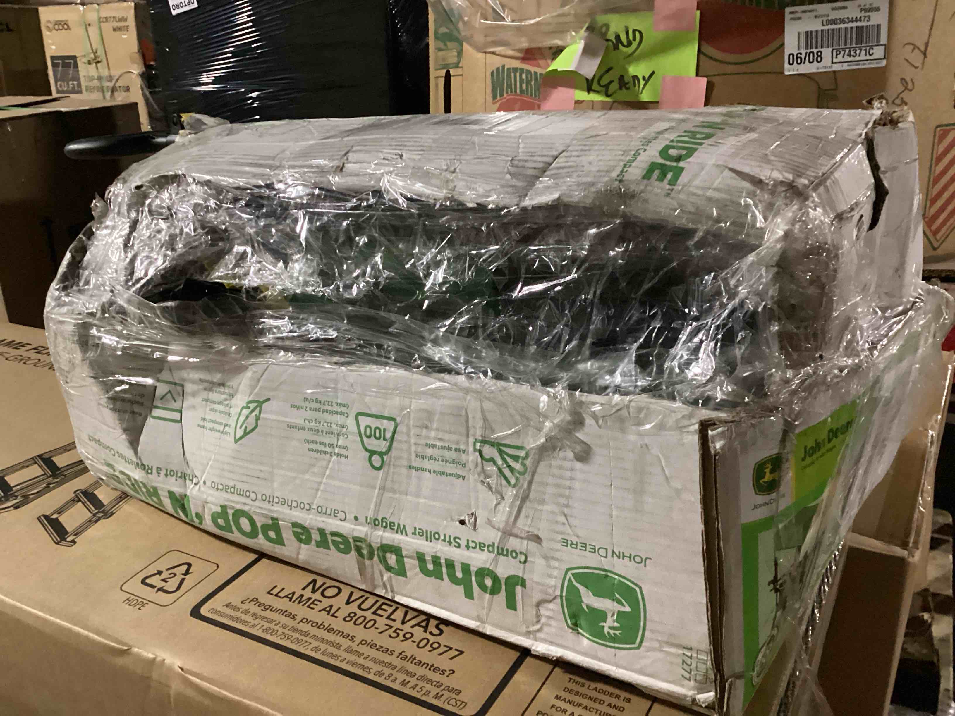 Condition photo showing New/Like New for bright starts pop 'n ride wagon with sun canopy - green/yellow: double stroller, 50 lbs capacity, fabric material, rubber tires
