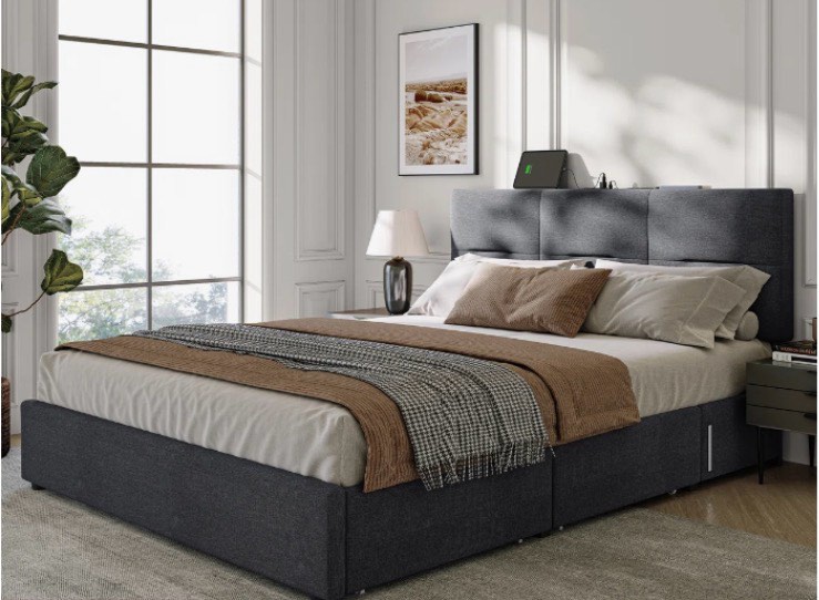 platform bed frame with a storage headboard and built-in charging station grey 