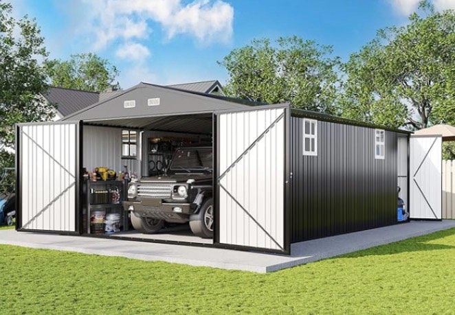 13x21x8 FT Outdoor Metal Garage Shed, Extra Large Storage Shed with Double Hinged Doors, 4 Windows, Heavy Duty Carport for Cars, Boats, Trucks and Equipment Storage, Dark Gray ( incomplete )