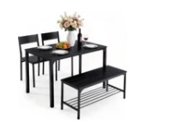 edx Dining Table and 2 Chairs for 4, Dining Bench with Metal Frame & Storage Rack, Space-Saving Ideal 4-Person Kitchen Table Set for Dinette, Small Space, Apartment, Restaurant, Black