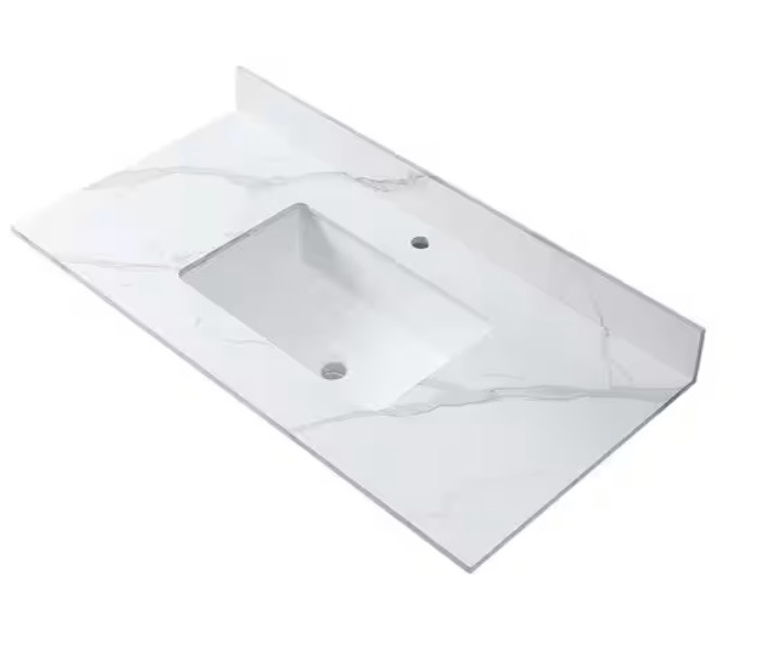 Sintered Stone Carrara White Rectangular Ceramic Single Sink Bathroom Vanity Top 