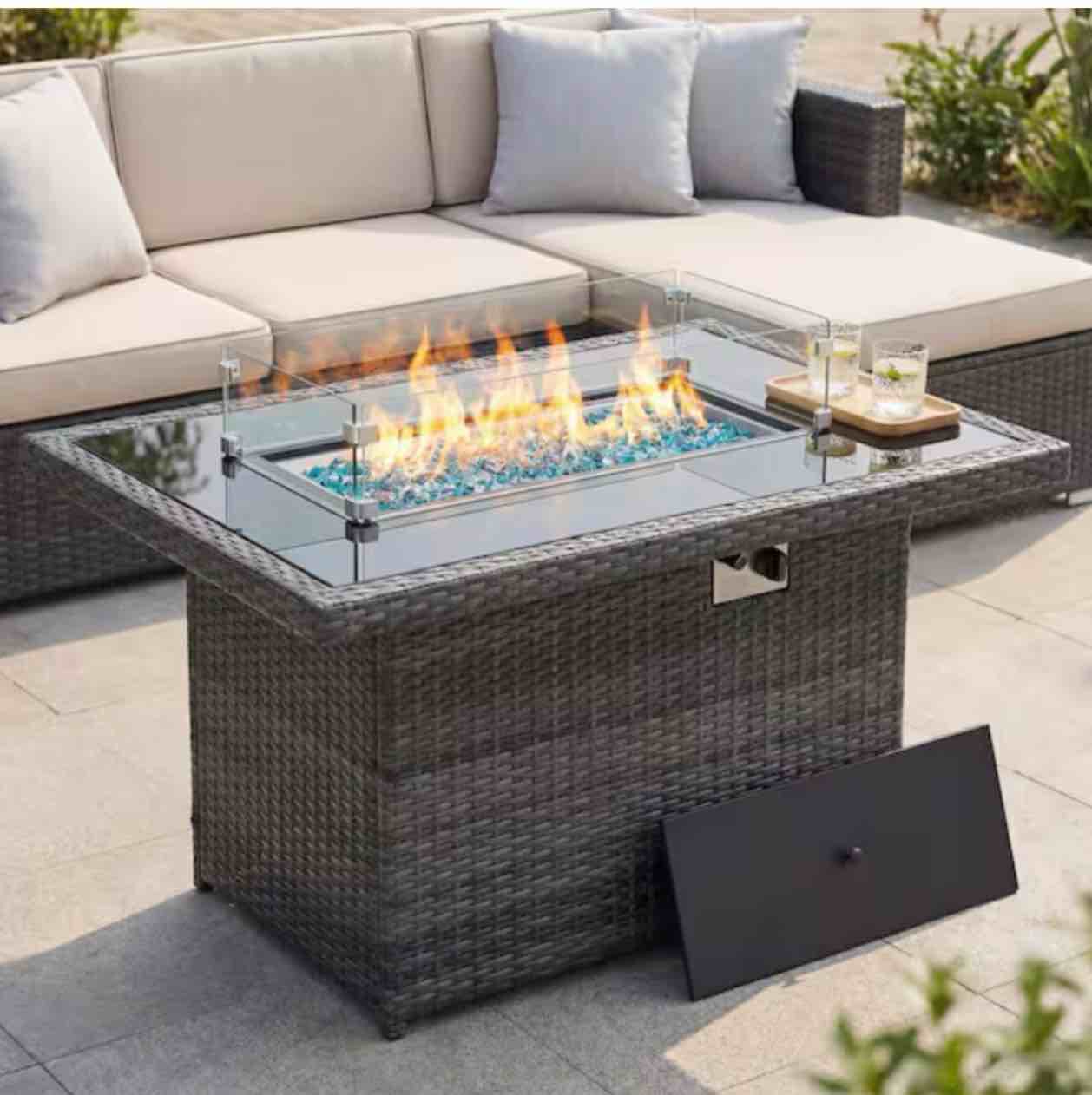 43 in. Rectangular Wicker Patio Gas Fire Pit Table with Glass Top, 60,000 BTU, Propane Ready, NG Convertible, Gray