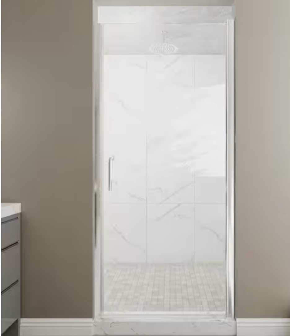 34-36 in. W x 72 in. H Pivot Semi-Frameless Shower Door in Chrome Finish with Clear Glass