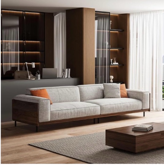 111.81 in. Four-seat Removable Washable Cotton-Linen Fabric mid-Century Modern Sofa, Square arms, with Throw Pillows