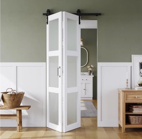 32in x 84in Bifold Barn Door, Frosted Glass Barn Door with Hardware Kit Included, Pre-Drilled Holes Easy Assembly -Solid Barn Doors Slab Covered with Water-Proof PVC Surface, White