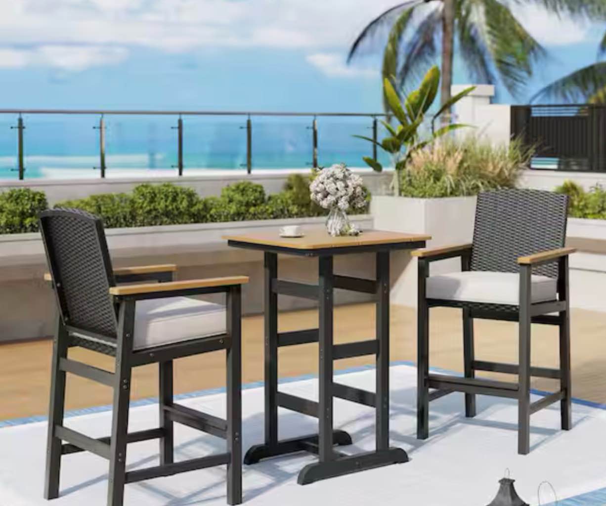 3-Piece HDPE Plastic Rectangle Bar Height Patio Outdoor Dining Set with Wood-Grain Table and Beige Cushion