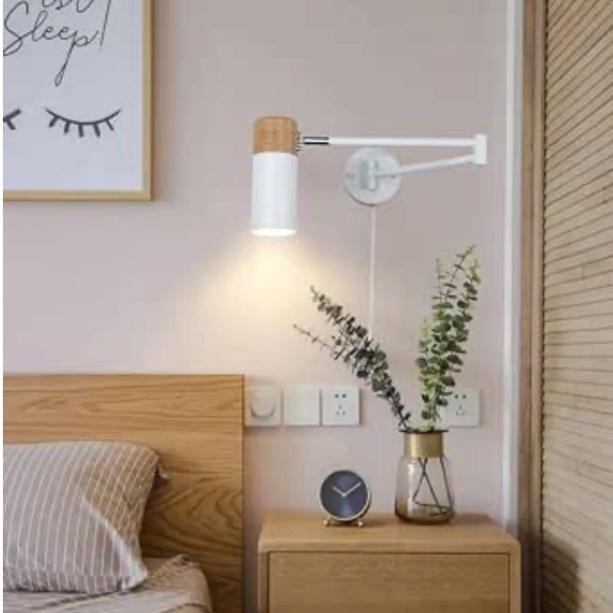 Modern Swing Arm Spotlight White Plug in Wall Lamp Sconce Wall Lights with Cord and Switch Industrial Wood 360 degress Rotation Wall Mounted Fixture Reading Lights
