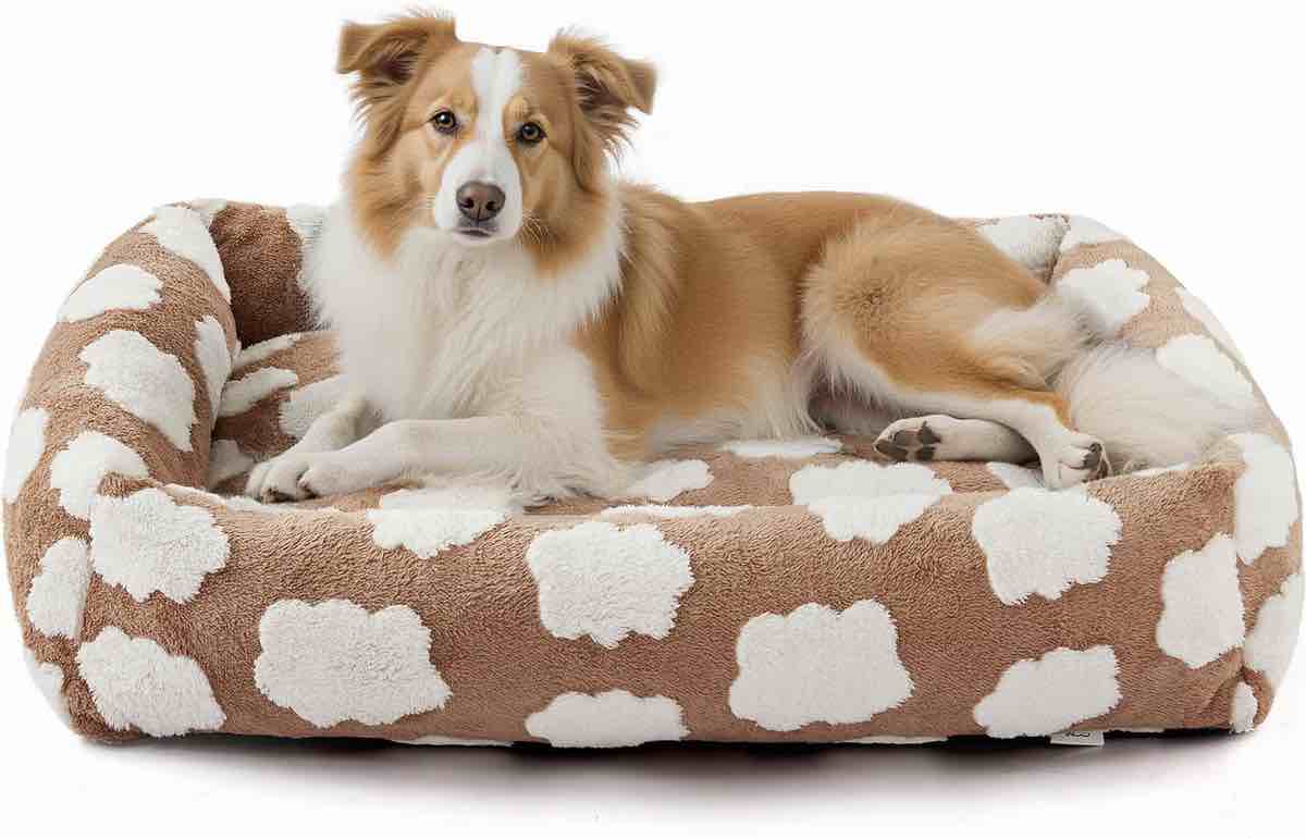 JOEJOY Jacquard Cloud Square Dog & Cat Bed with Anti-Slip Bottom & Removable Cover, Brown, Medium