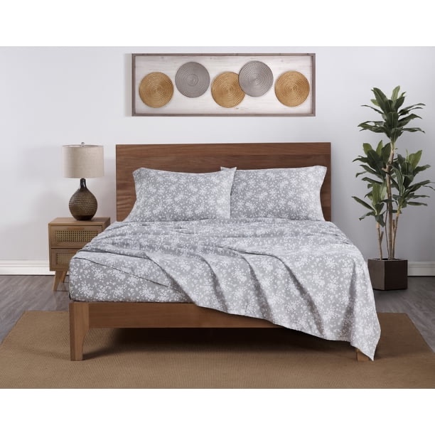 mainstays super soft high quality brushed microfiber bed sheet set, full, gray floral, 4 piece