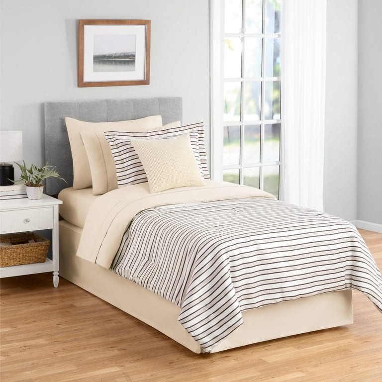 mainstays soft touch bed in a bag 8-piece reversible tan & black striped comforter set with sheets, twin/twin xl