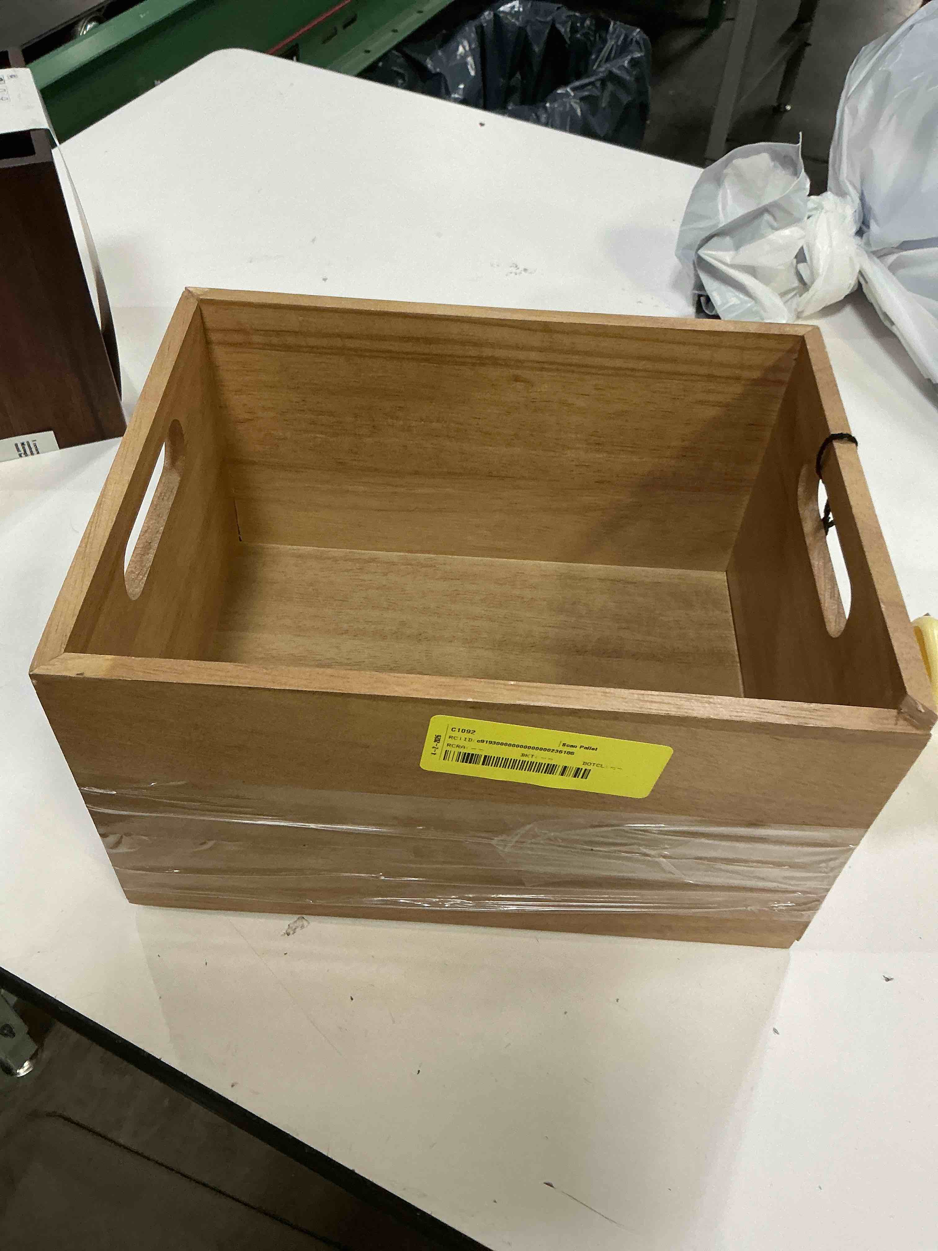Condition photo showing As Is for better homes & gardens rubber wood storage basket  light honey color