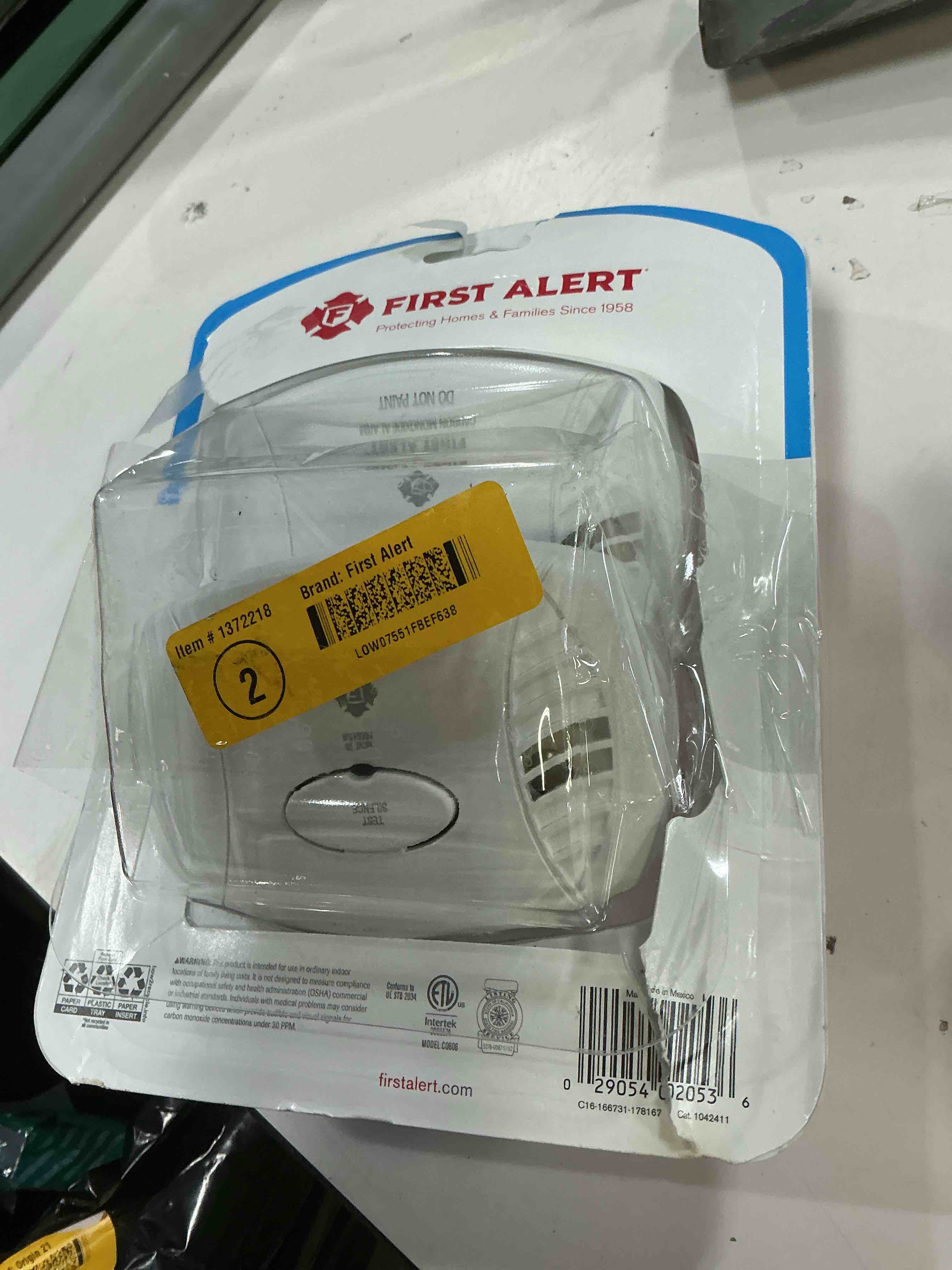 Condition photo showing As Is for first alert plug-in w/battery back-up electrochemical carbon monoxide detector