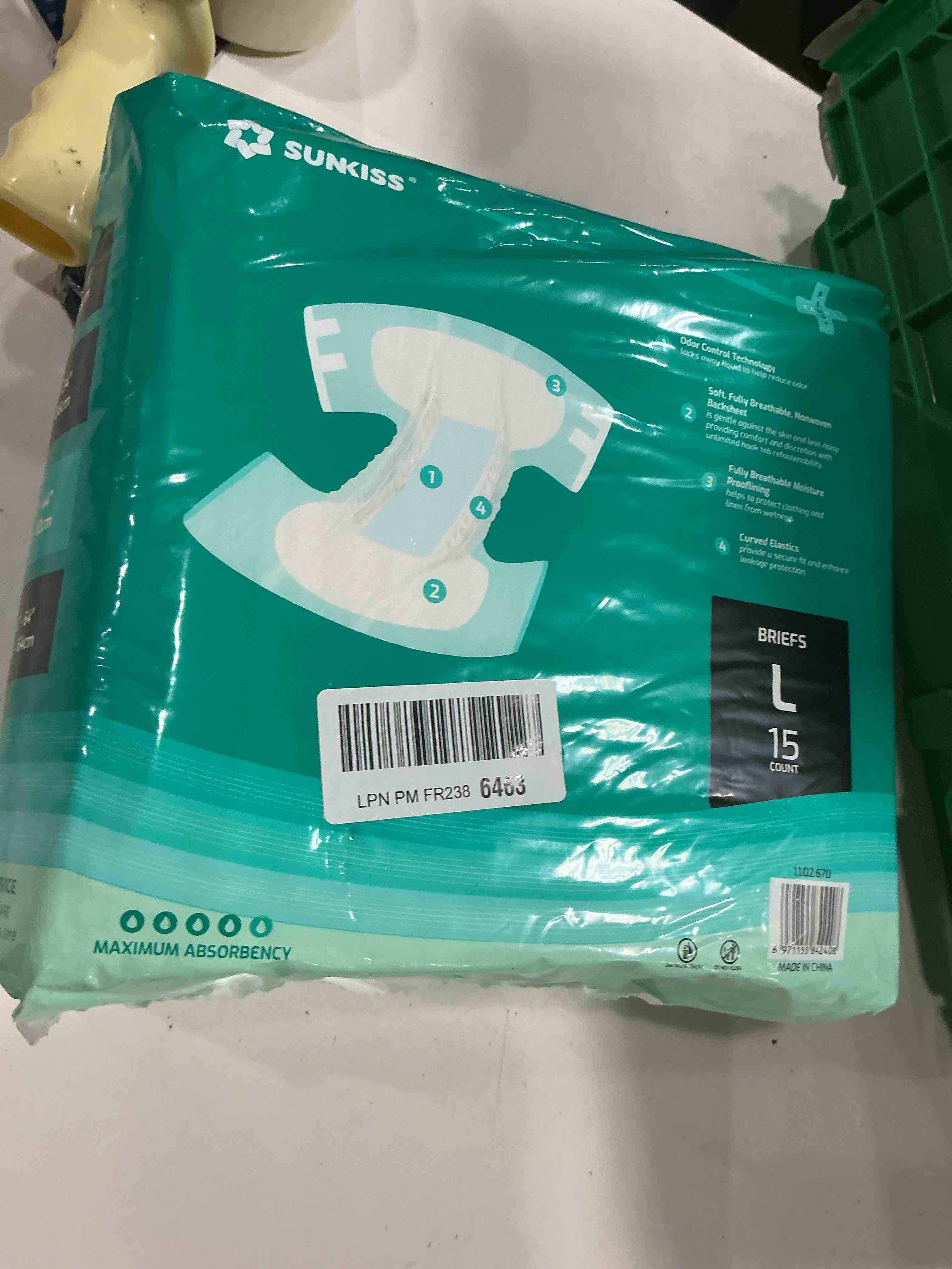 Condition photo showing New/Like New for sunkiss trustplus adult diapers with maximum absorbency, unisex disposable incontinence briefs with tabs for men and women, odor control, large, 15 count