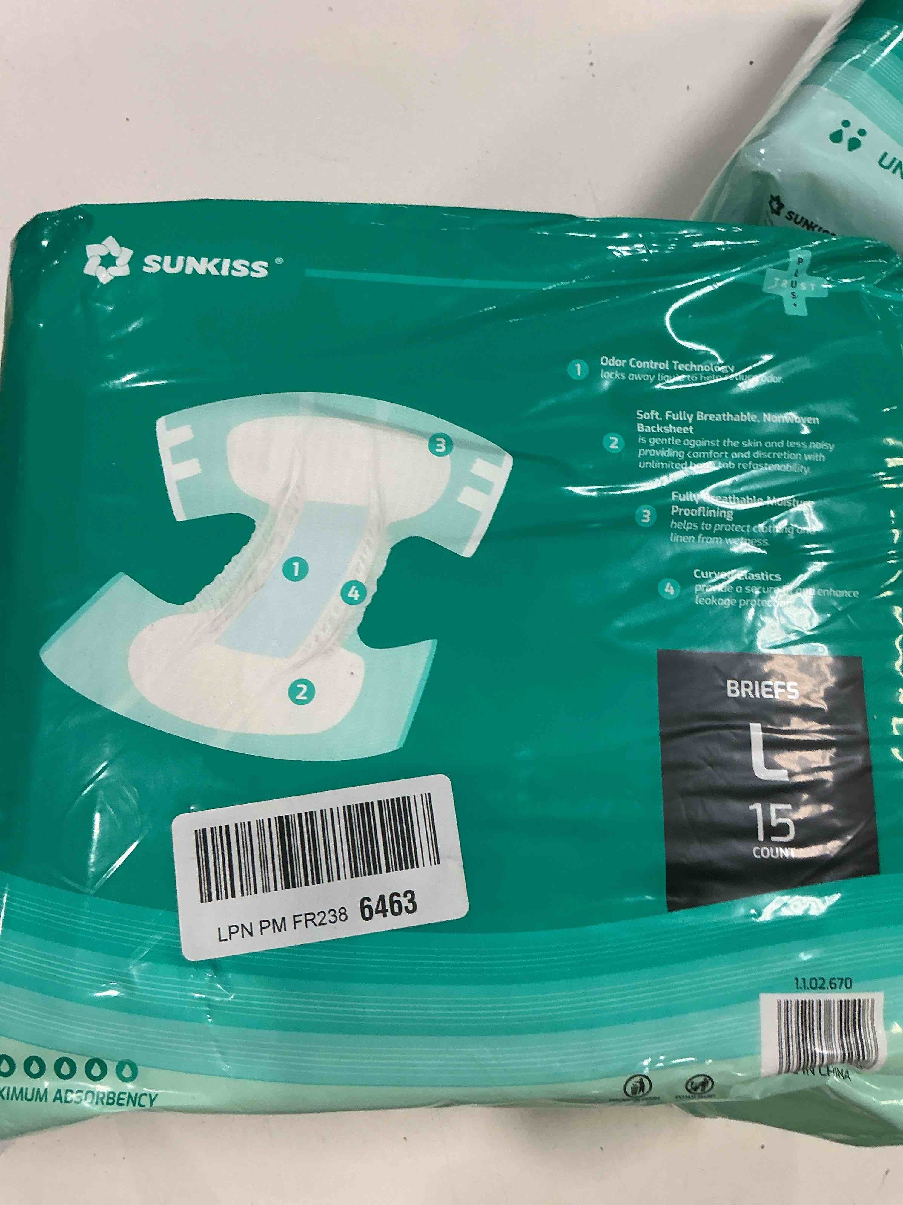 Condition photo showing New/Like New for sunkiss trustplus adult diapers with maximum absorbency, unisex disposable incontinence briefs with tabs for men and women, odor control, large, 15 count